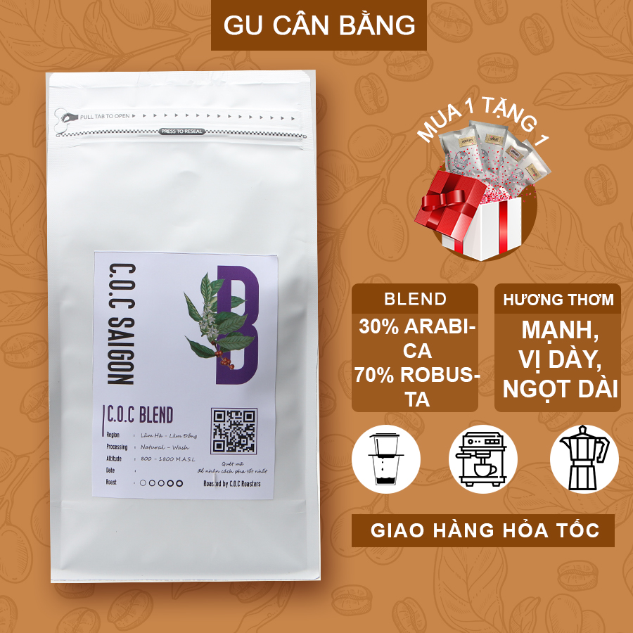 C.O.C Blend Cà phê nguyên chất Arabica & Robusta phối trộn đặc biệt rang mộc gu đậm chuyên pha phin