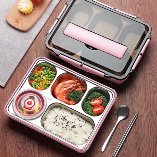 Khay cơm inox 5 ngăn có nắp đậy an toàn vệ sinh - kèm thìa và đũa