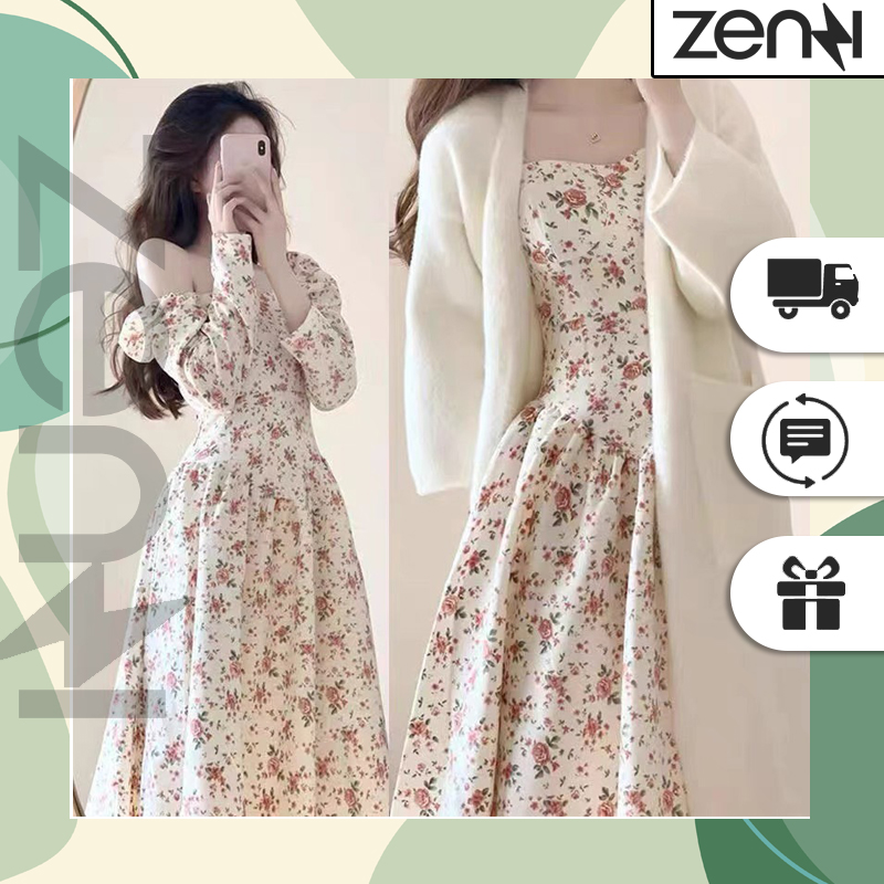 Váy hoa tiểu thư tay dài dáng vintage, Váy tiểu thư eo dáng công chúa hàng thiết kế Zenzi.Ảnh thật mẫu mặc