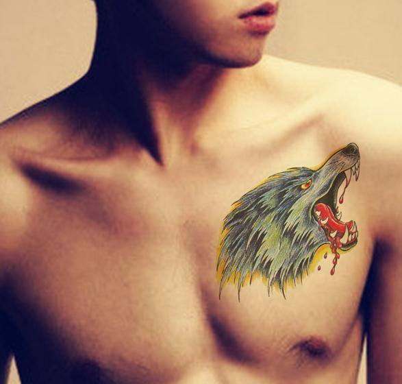 HÌNH XĂM DÁN NAM ĐẦU SÓI MÁU KÍCH THƯỚC 15 x 21 CM, 100% NHƯ XĂM THẬT