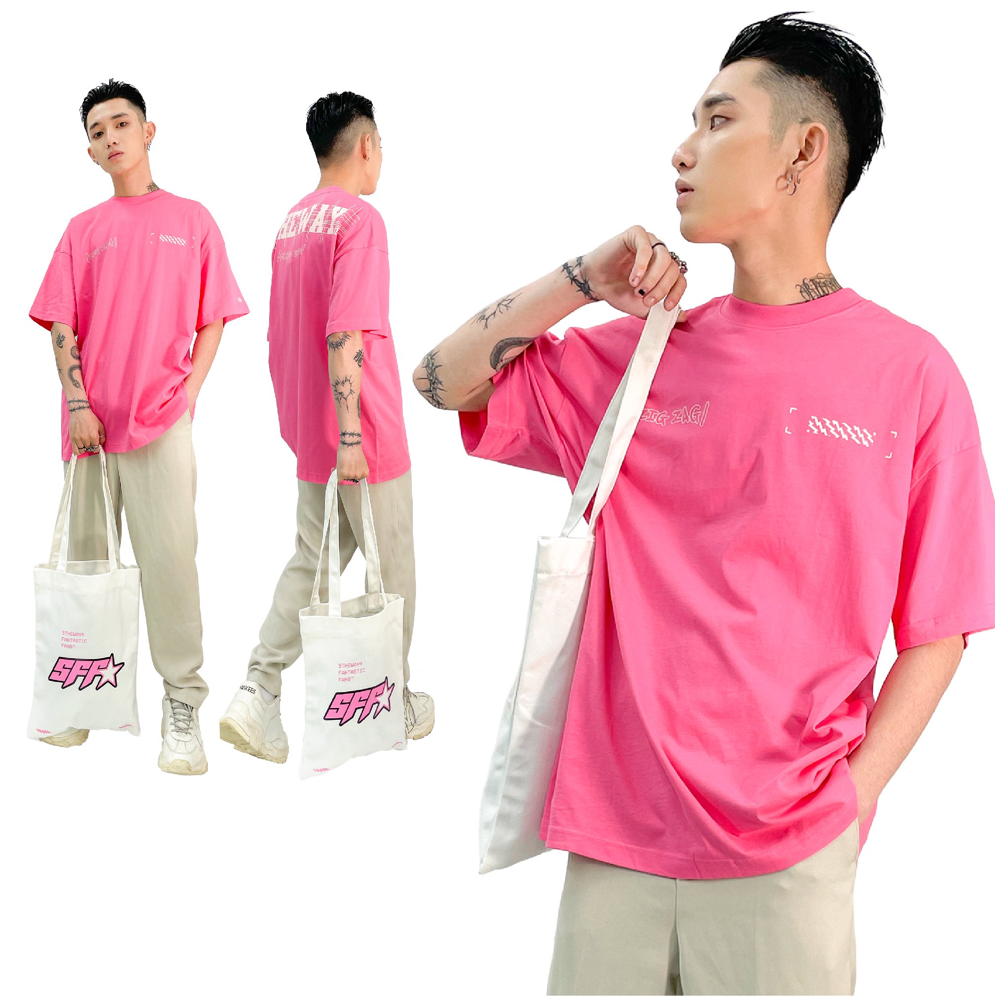 5THEWAY® /public icon/ LETTER DROP SHOULDER TEE™ in PINK aka Áo Thun Hồng Tay Ngắn