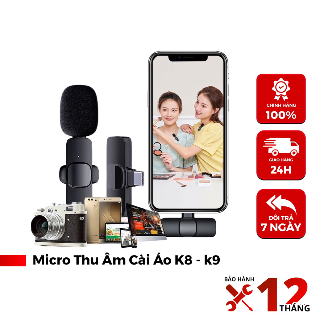 Micro thu âm không dây cài áo k9 - khử tiếng ồn cao cấp - khoảng cách 20m – 2 cồng kết nối type c và lightning chính hãng skyboss