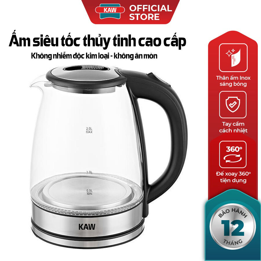 Ấm siêu tốc 2 lớp chống nóng , Ấm Đun Nước Siêu Tốc , Bình Siêu Tốc Inox, ình đun siêu tốc bằng thủy tinh KAW chính hãng 2 lit dung tích lớn, ấm đun nước siêu tốc an toàn cho sức khoẻ đun nước siêu nhanh