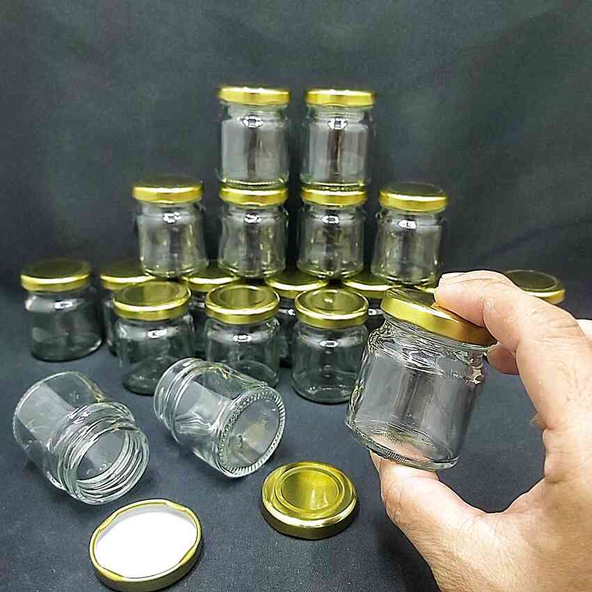 Hũ thủy tinh nhỏ 50ml  trụ tròn nắp thiếc vàng – lọ thủy tinh nhỏ - lọ thủy tinh mini - hũ thủy tinh 50ml - lọ thủy tinh 50ml