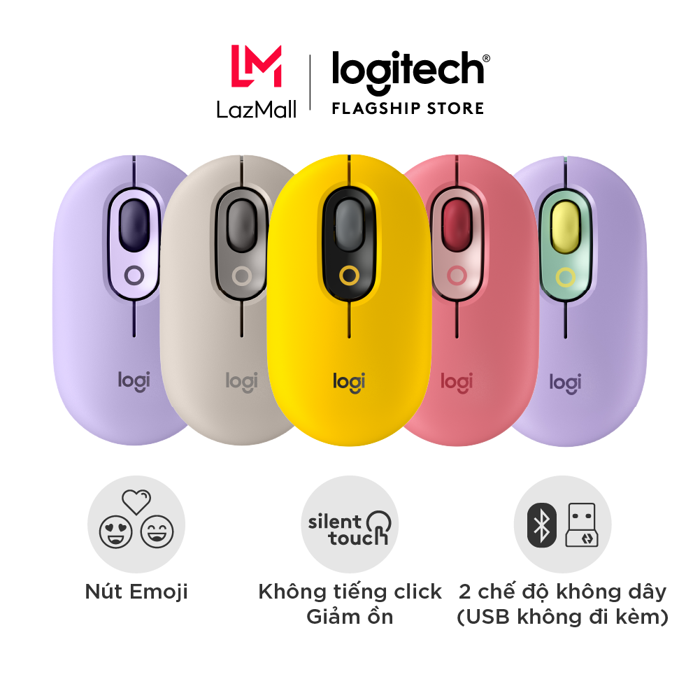 Chuột không dây bluetooth Logitech POP MOUSE giảm ồn nút emoji tùy chỉnh kết nối 3 thiết bị