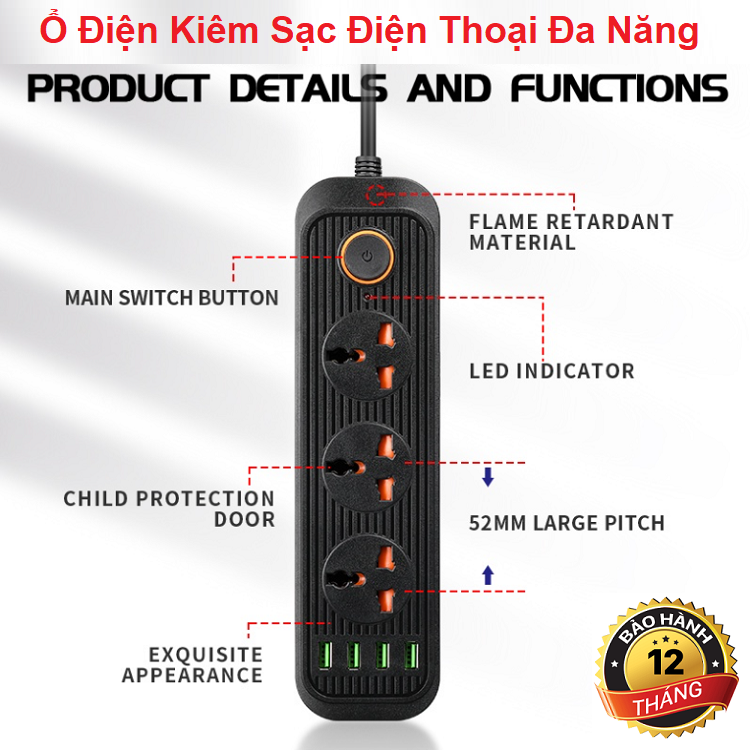 Ổ Cắm Điện A01, Thông Minh Đa Năng Chống Giật, Oorr 3 Cổng Cắm Điện 220v, Có 4 Cổng Sạc USB, Sạc Cho Điện Thoại - Tiết Kiệm Điện