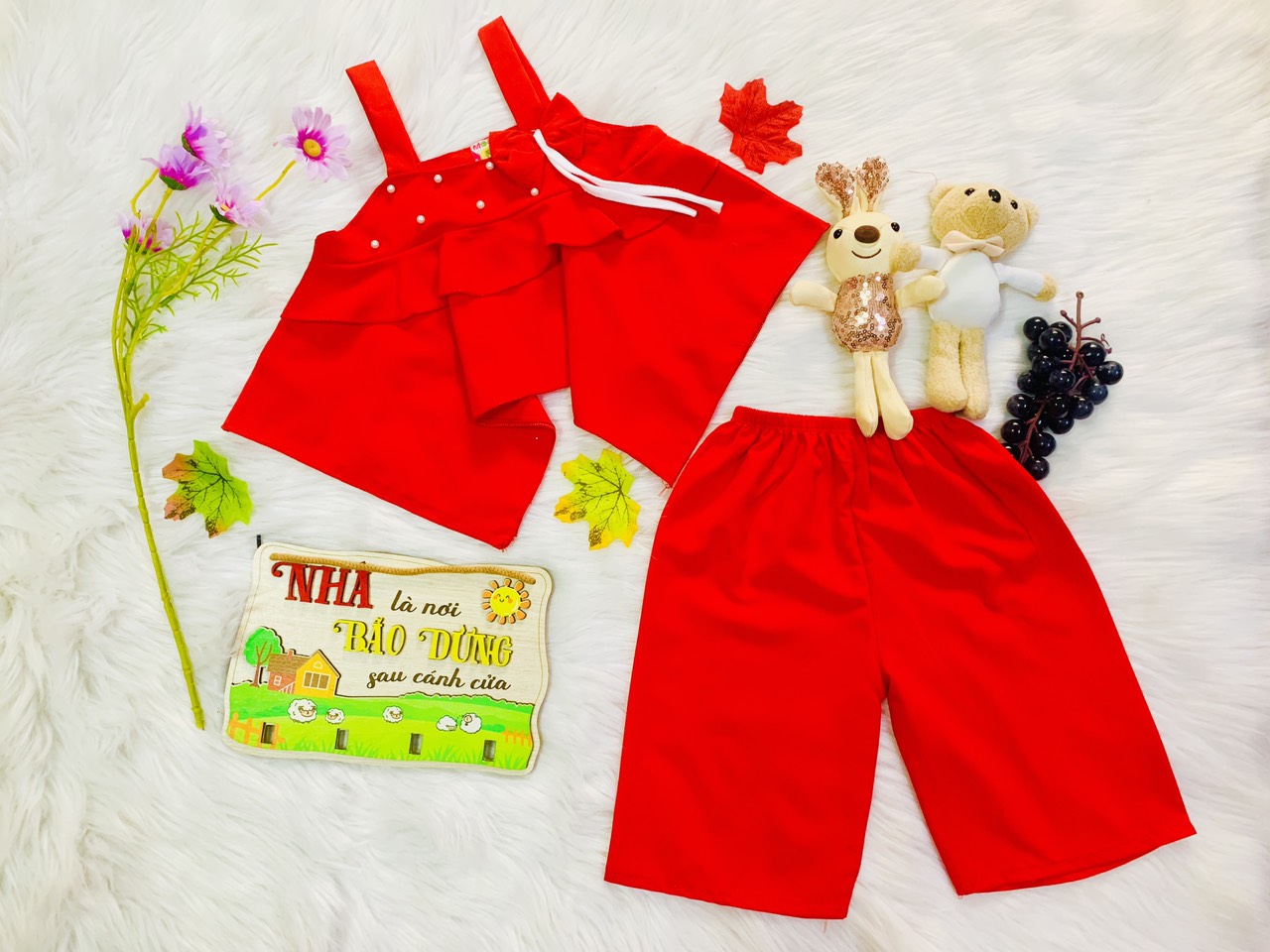 Bộ lụa dây phối nơ quần lửng bé