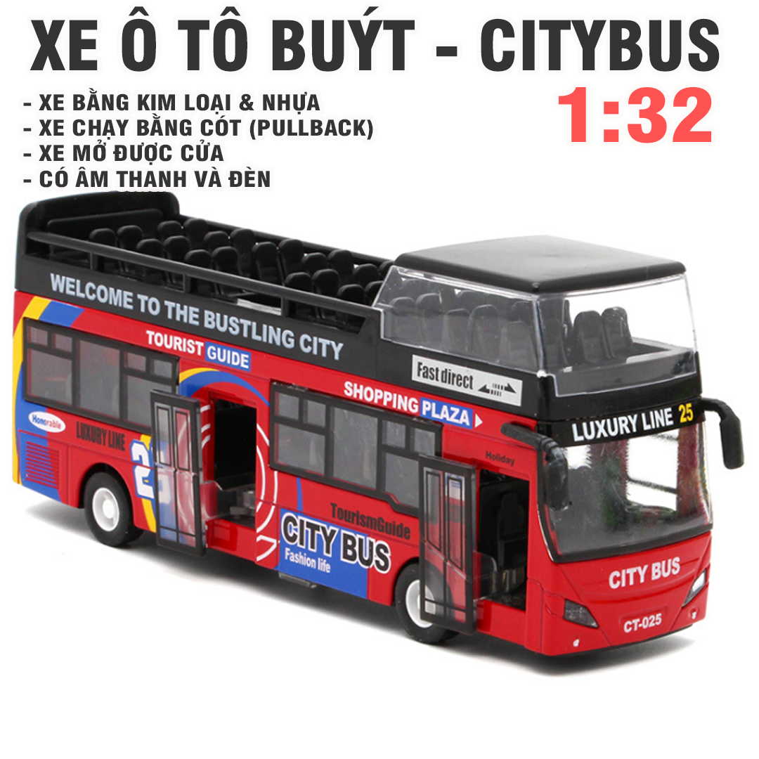 Xe ô tô buýt City bus 2 tầng mui trần bằng kim loại có âm thanh và đèn đồ chơi trẻ em