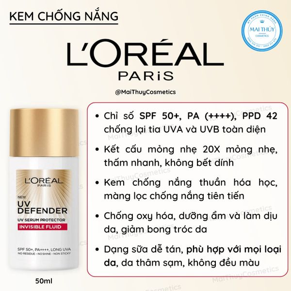 Kem chống nắng loreal invisible fluid spf 50+ 50m