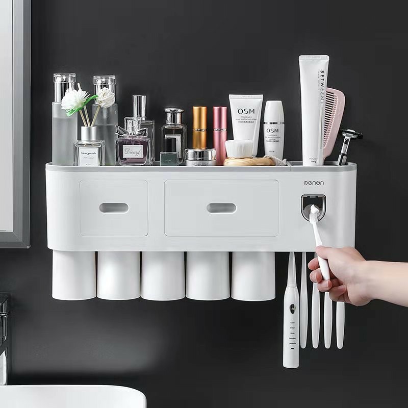 Bộ nhả kem đánh răng tự động thông minh dán tường 1 2 3 4 5 cốc