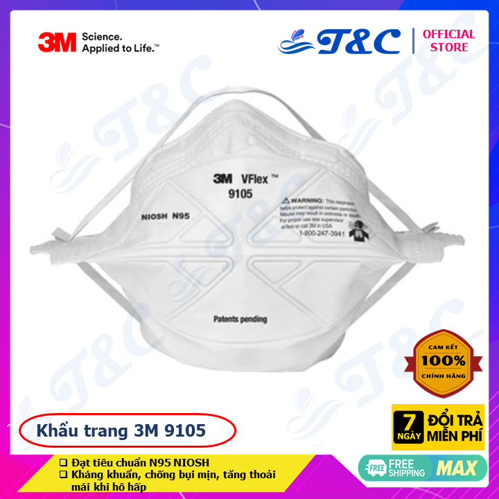 Khẩu trang 3M 9105 - Đạt tiêu chuẩn N95- Kháng khuẩn, chống bụi mịn, tăng thoải mái khi hô hấp, phòng dịch, chống covid