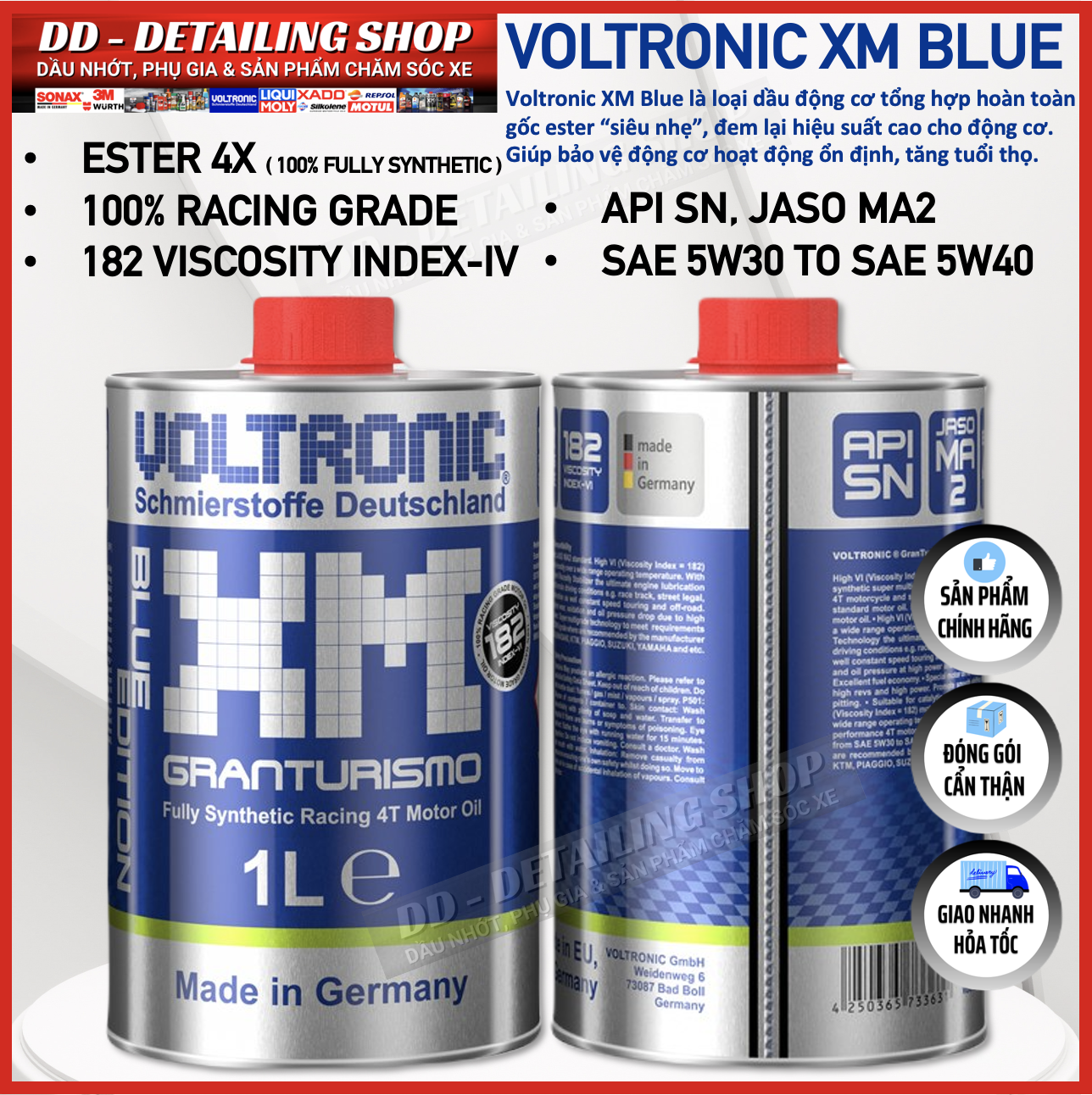 Voltronic xm blue nhớt biến thiên ester 4x granturismo fully synthetic api sn 1 lít cấp nhớt 5w30 - 5w40, nhớt voltronic cho xe từ cấp nhớt 0w30, 5w30, 5w40, 10w40