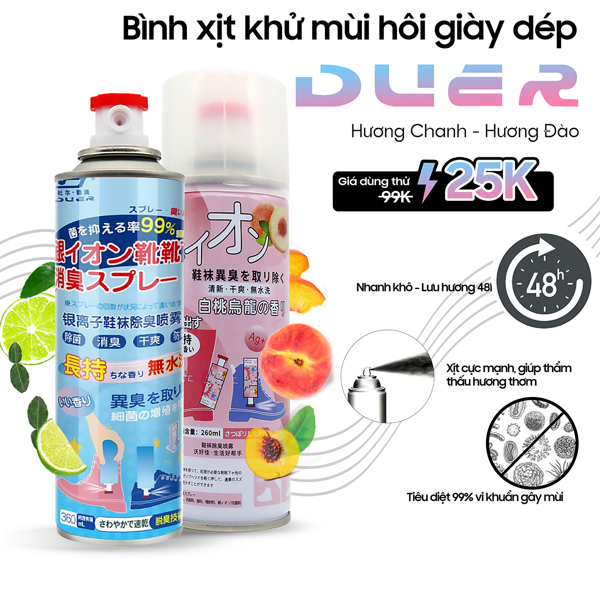 Chai xịt khử mùi giày dép nam nữ Nano Bạc diệt khuẩn, bình sịt hết mùi hôi chân, 1 lọ 260ml hương chanh và hương đào.