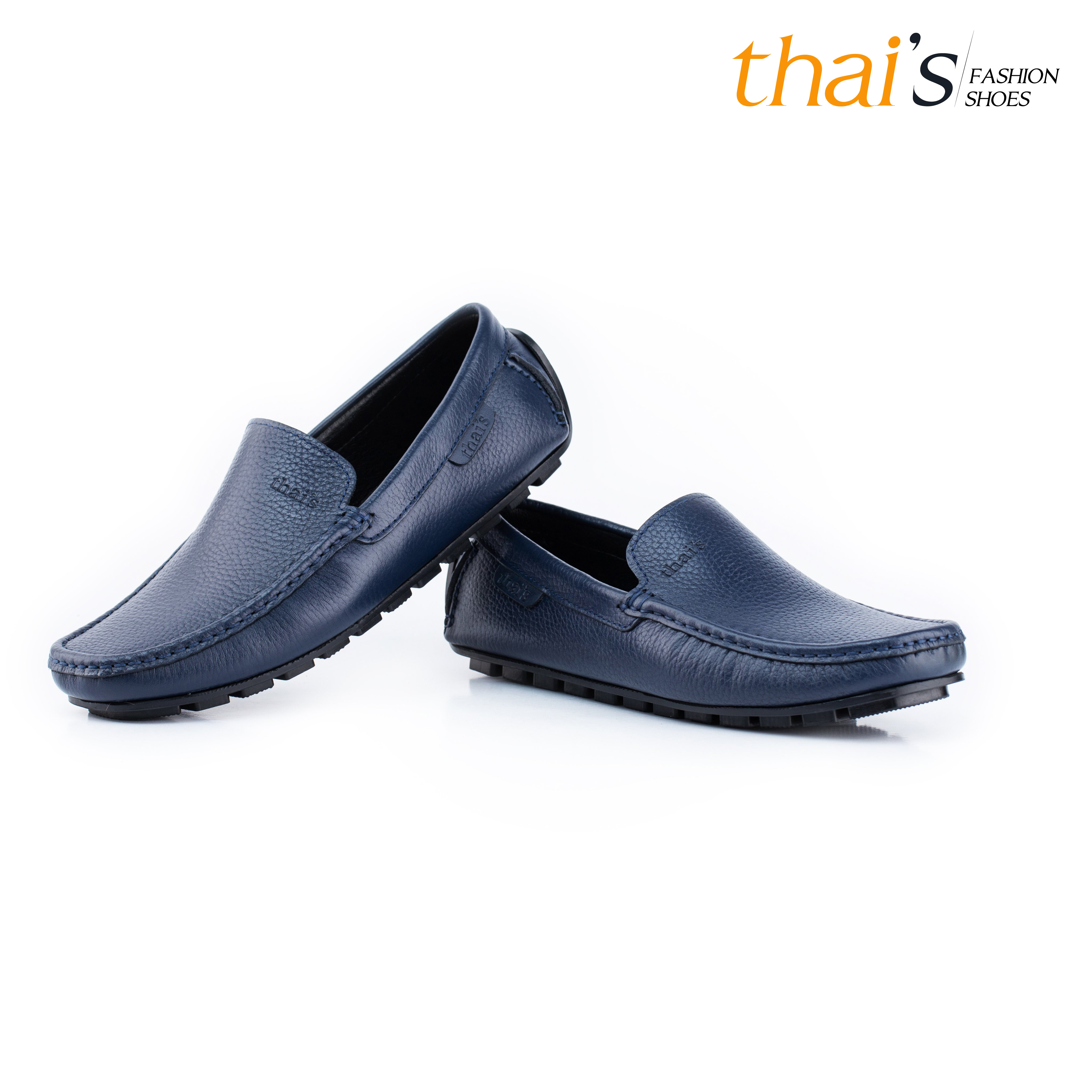 Giày lười nam da bò mềm mẫu trơn màu xanh navy. Tặng 1 đôi tất, bảo hành 2 năm
