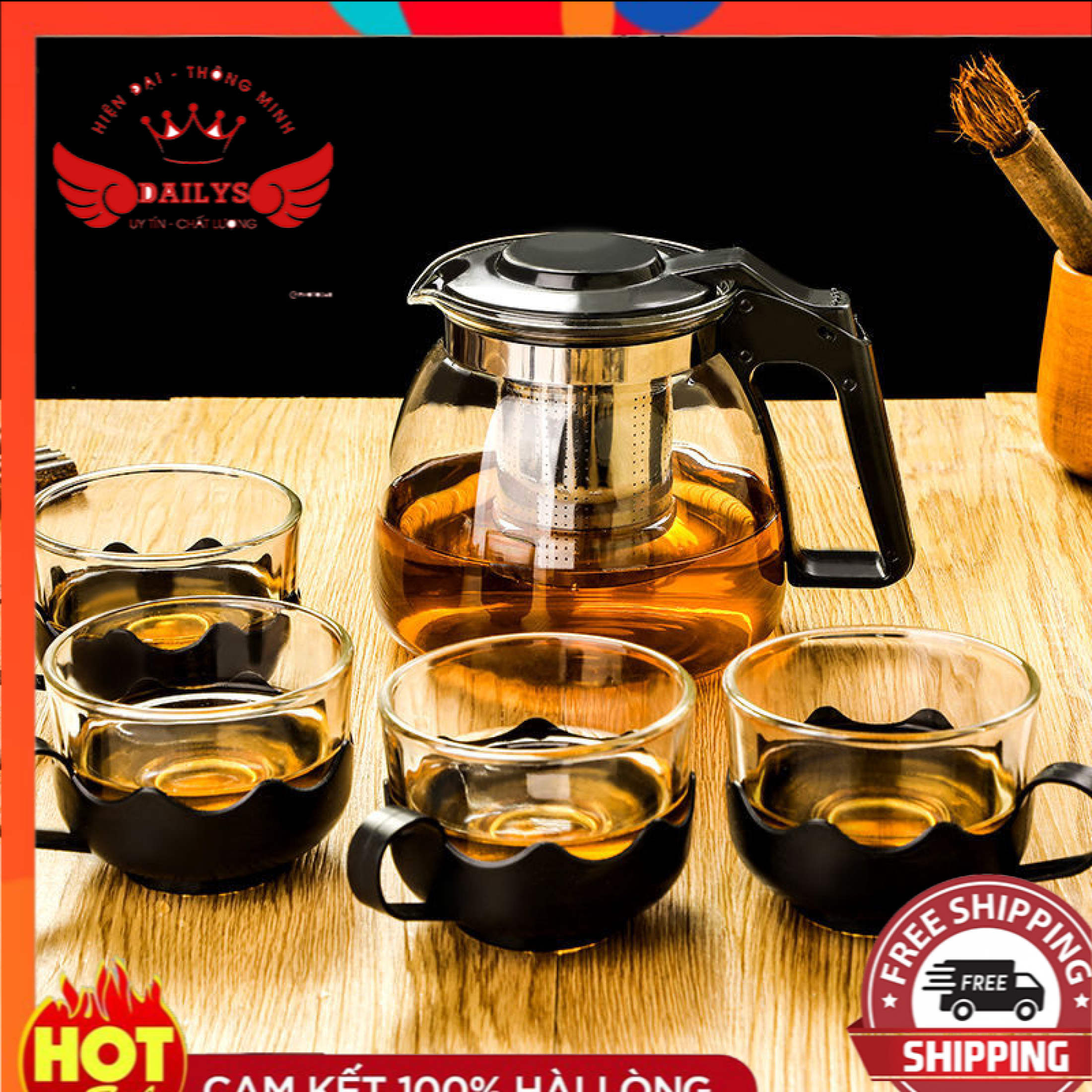 [Hàng Tốt] Bộ Bình Lọc Trà Thủy Tinh Kèm 4 Ly Lưới Lọc Inox 304 Tiện Dụng dung tích 1000ml sang trọng - có lõi lọc bã INOX Dailys