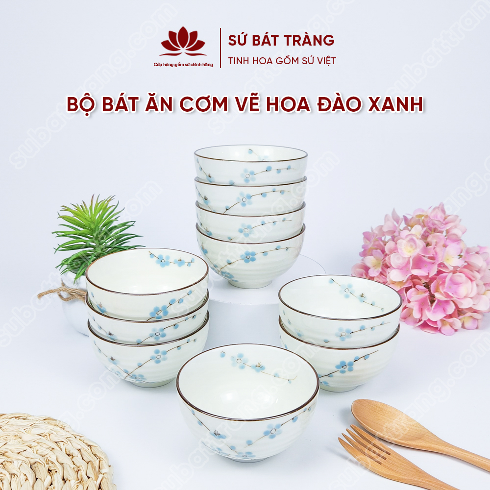Bộ bát ăn cơm vẽ hoa đào xanh sứ Bát Tràng đẹp - Bộ 10 và 6 bát