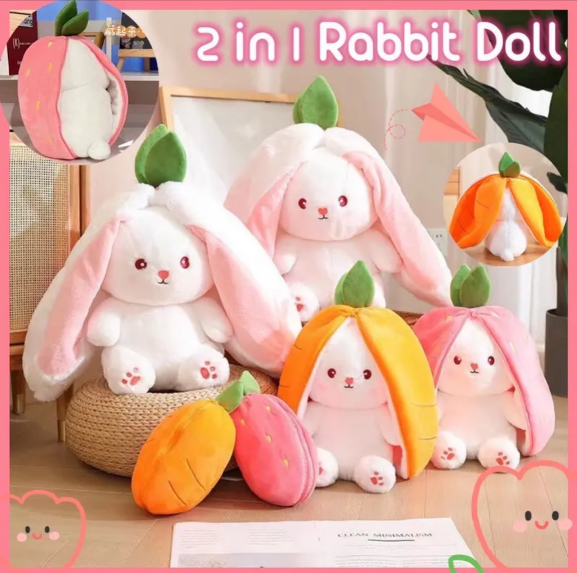 Gấu bông thỏ trái cây 2 trong 1 cosplay tai dài - thỏ tai úp quả dâu cosplay cao cấp