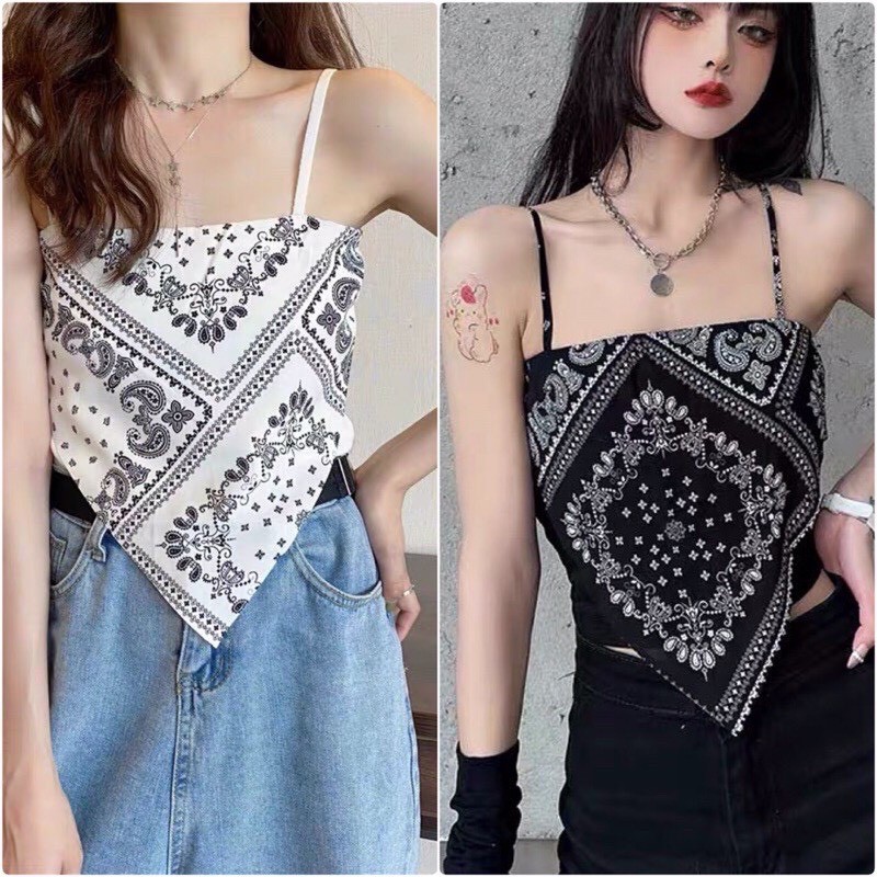 (Freeship)Áo Yếm Thổ Cẩm 2 Dây  In Họa Hình Họa Tiết Chất Liệu Thun Co Dãn 2 Màu (ĐEN,TRẮNG)