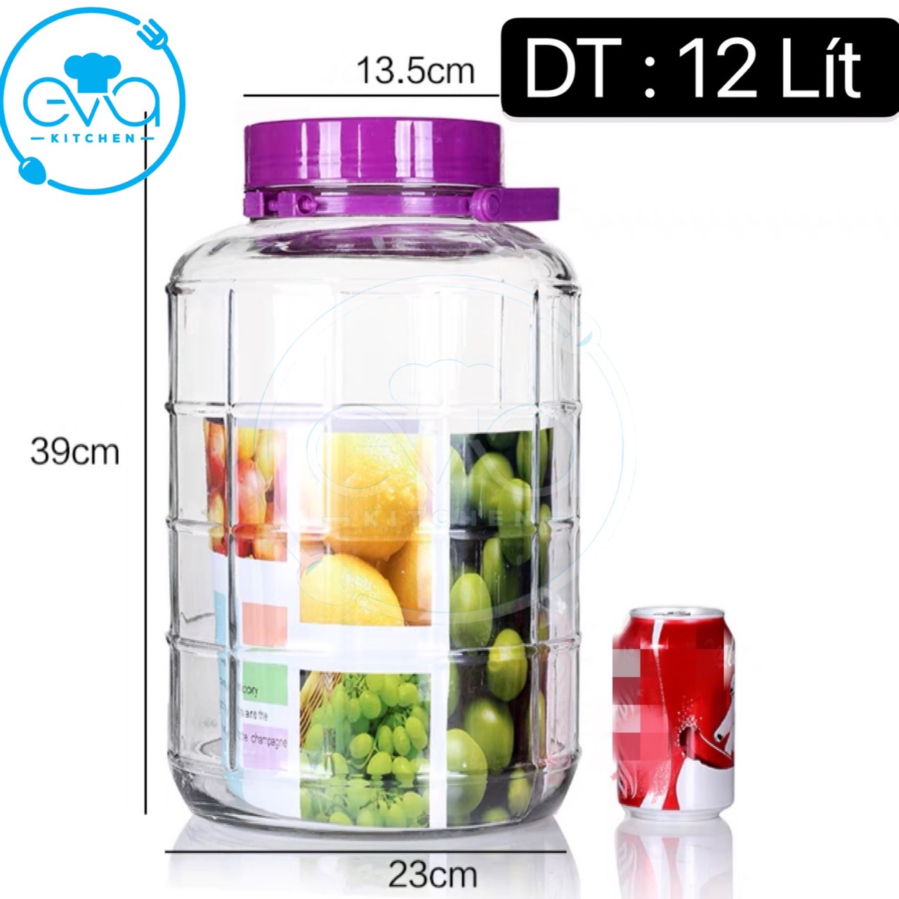 Bình ngâm thủy tinh quai xách nắp tím 12 lít – qx12l