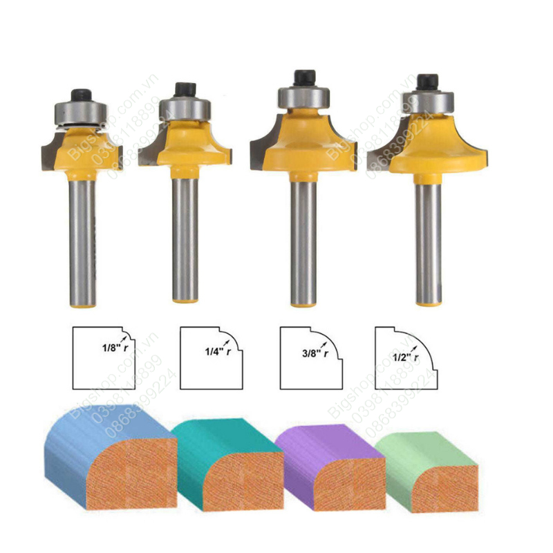 Bộ 4 mũi phay soi gỗ góc tròn cốt 1 phần 4 inch