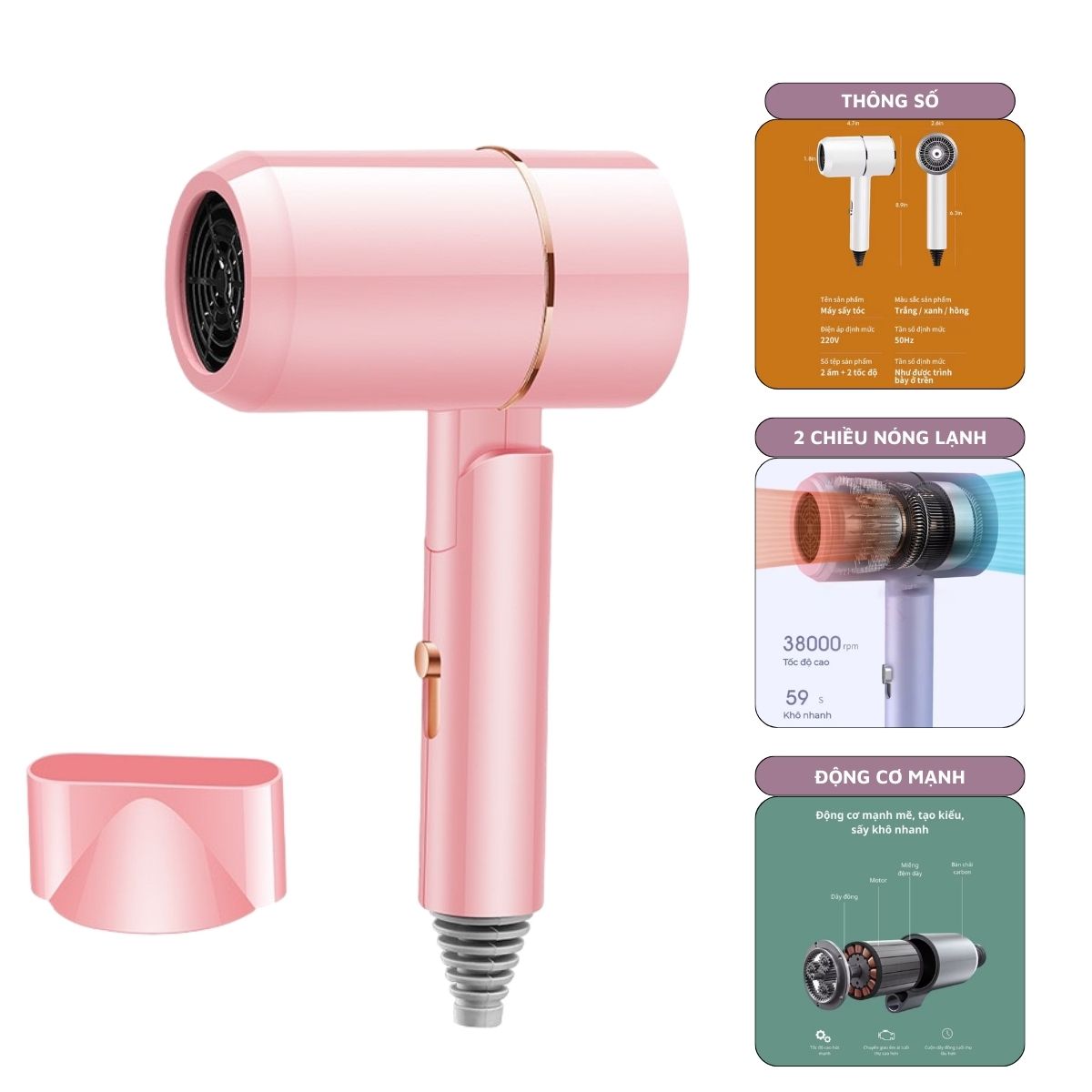 Mấy sấy tóc mini cầm tay 2 chiều nóng lạnh HAIR DRYER, công suất 2200W, 3 chế độ sấy chăm sóc tóc, bảo hành 6 tháng