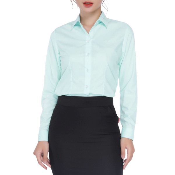 Áo sơ mi nữ Thái Hòa 047-04-01 vải cotton thoáng mát, Áo sơ mi cổ đức sợi cotton dài tay màu Xanh thiên thanh