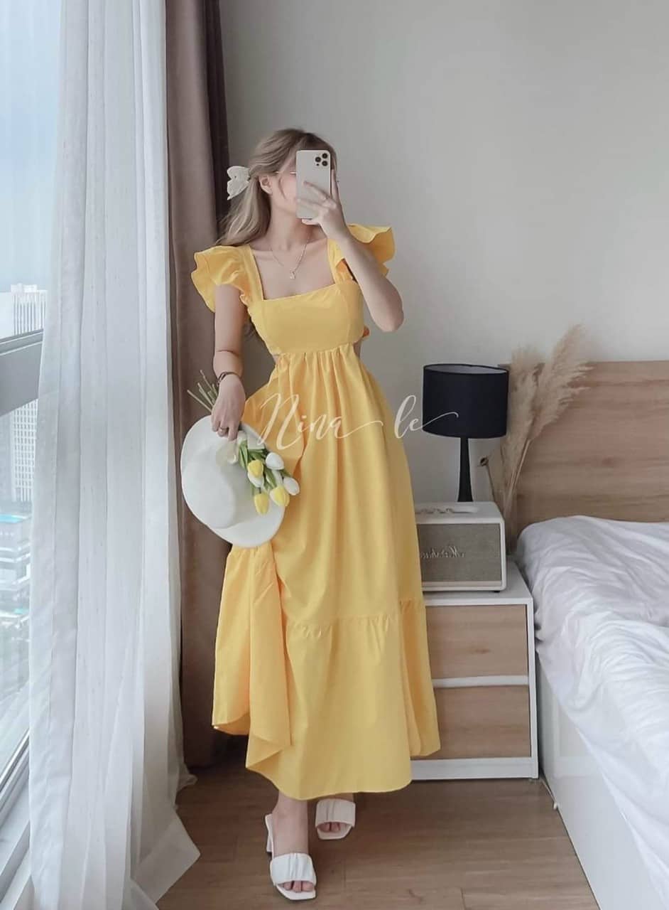 Maxi khoét eo bèo vai cổ vuông sang trọng tinh tế chất liệu lụa cao cấp thời trang HARI