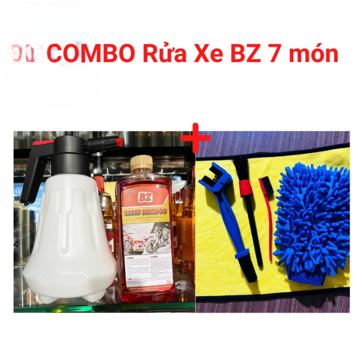 Combo bình xịt rửa xe bọt tuyết kèm xà bông rửa xe bz, kèm đồ rửa xe tại nhà gồm cọ rửa xe và bao tay rửa xe, khăn lau đa năng