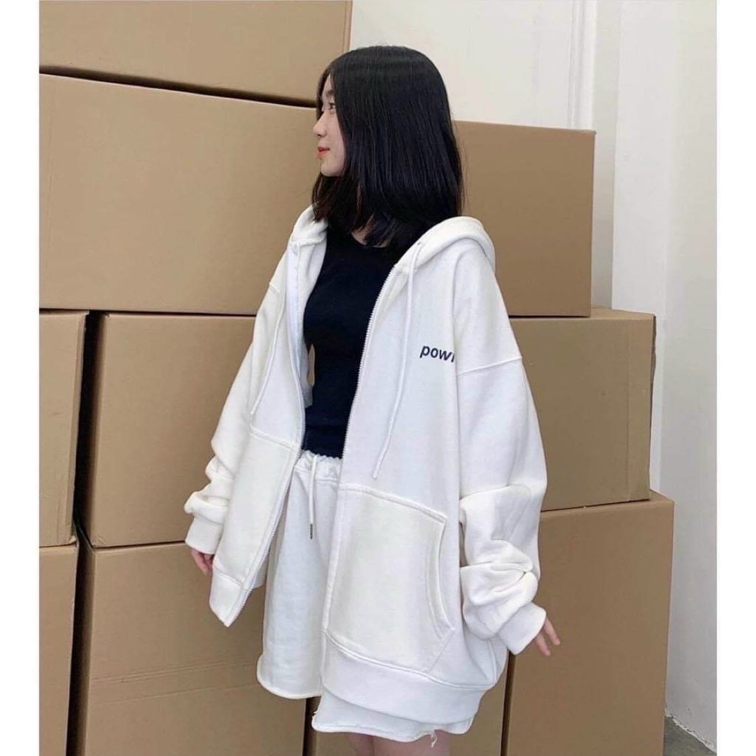 Áo Khoác Nữ - Áo Hoodie Form Rộng Thêu Chữ powr Phối Nón Nỉ Ngoại Cao Cấp Siêu Đẹp Siêu Rẻ XMTT