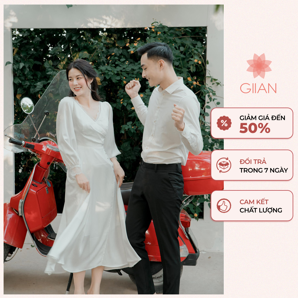 Váy trắng dự tiệc dáng dài cổ V phối ren thiết kế chính hãng GIIAN, đầm cô dâu lụa đính ngọc tinh tế VA0116