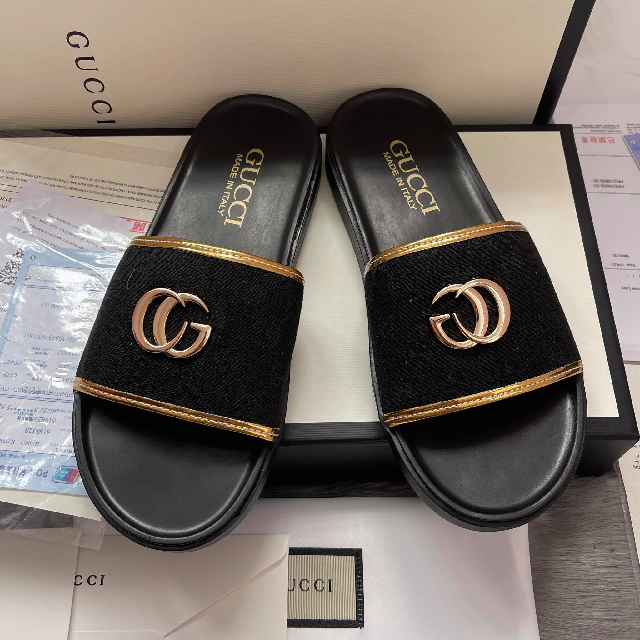 Dép lê đế hộp GG ngang đen nam