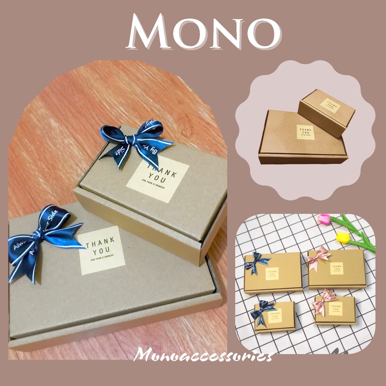 Combo 4 HỘP ĐỰNG QUÀ, GÓI QUÀ KRAFT Mono Accessories (Nơ màu ngẫu nhiên)