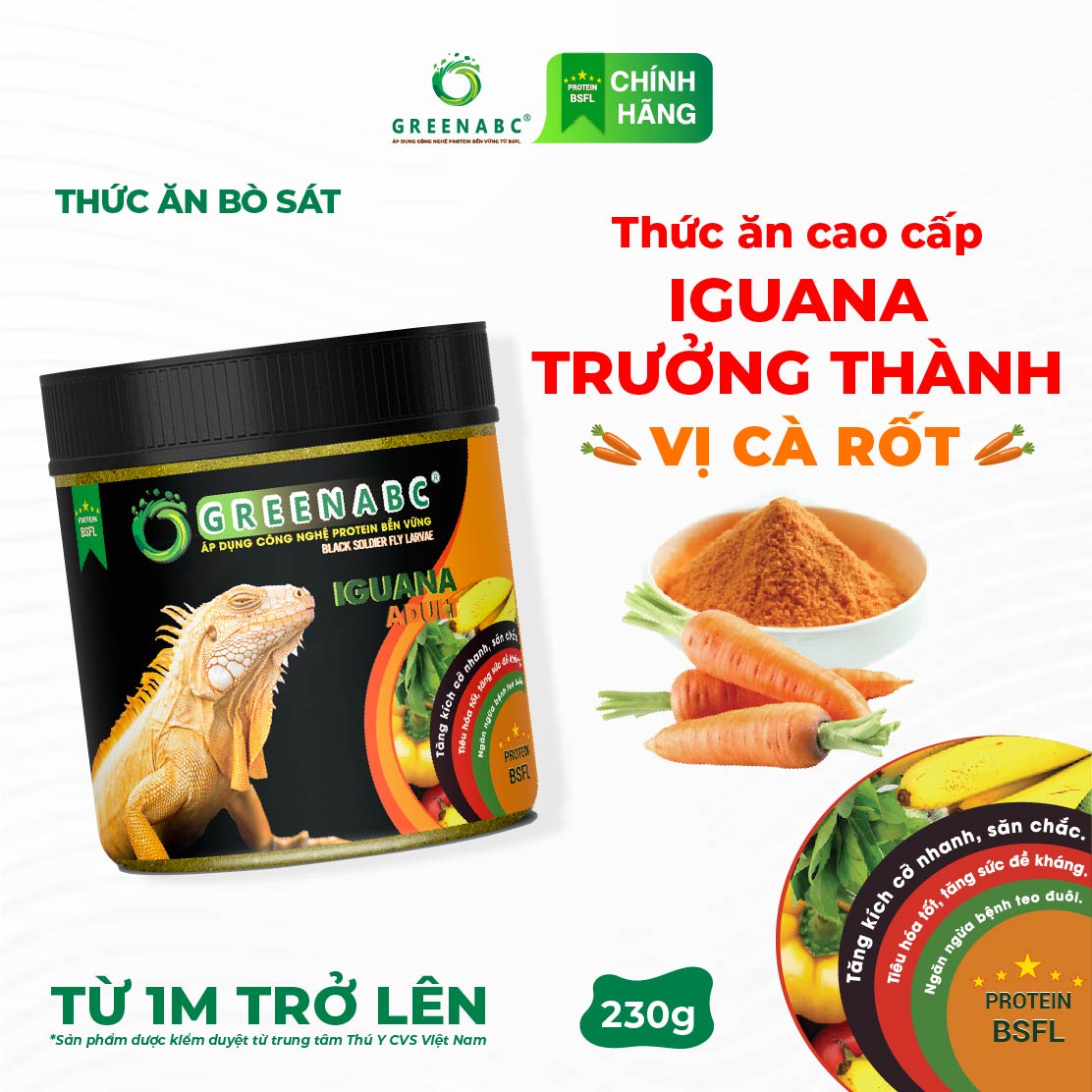 Thức ăn IGUANA TRƯỞNG THÀNH Cà Rốt GREENABC - Dành cho IGU từ 1m trở lên, gai bung màu đẹp – Hộp 230g