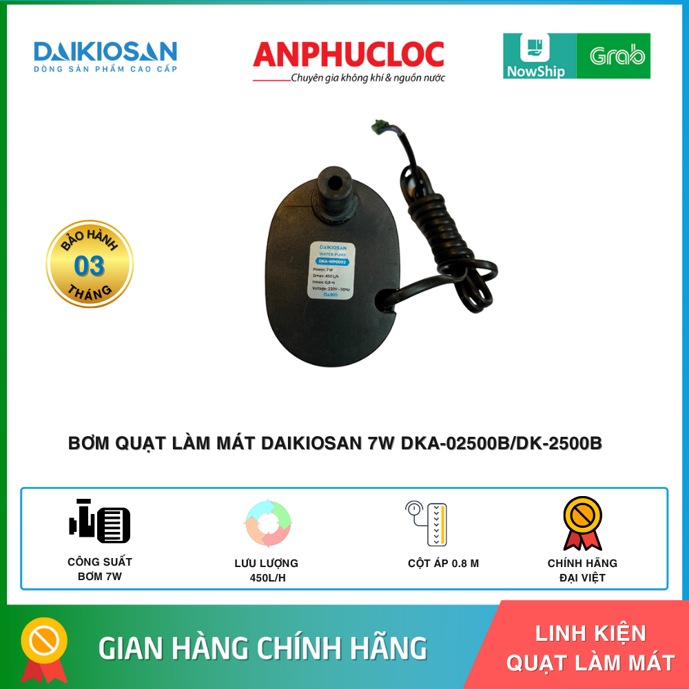 Bơm 7w quạt làm mát daikio - daikiosan dka-02500b, dk-2500b chính hãng