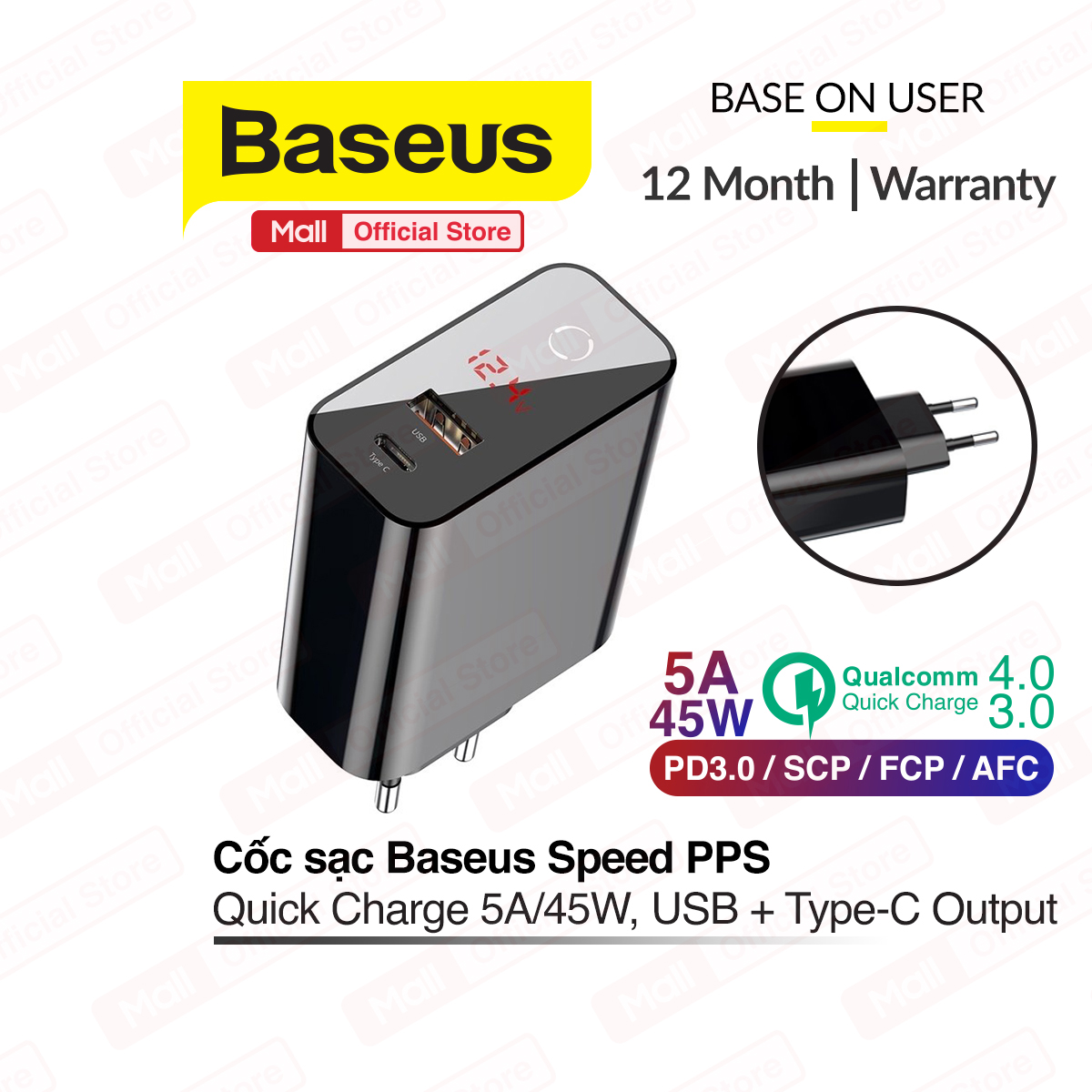 Củ sạc nhanh đa năng hẹn giờ tắt Baseus Speed PPS Smart Shutdown Charger 45W