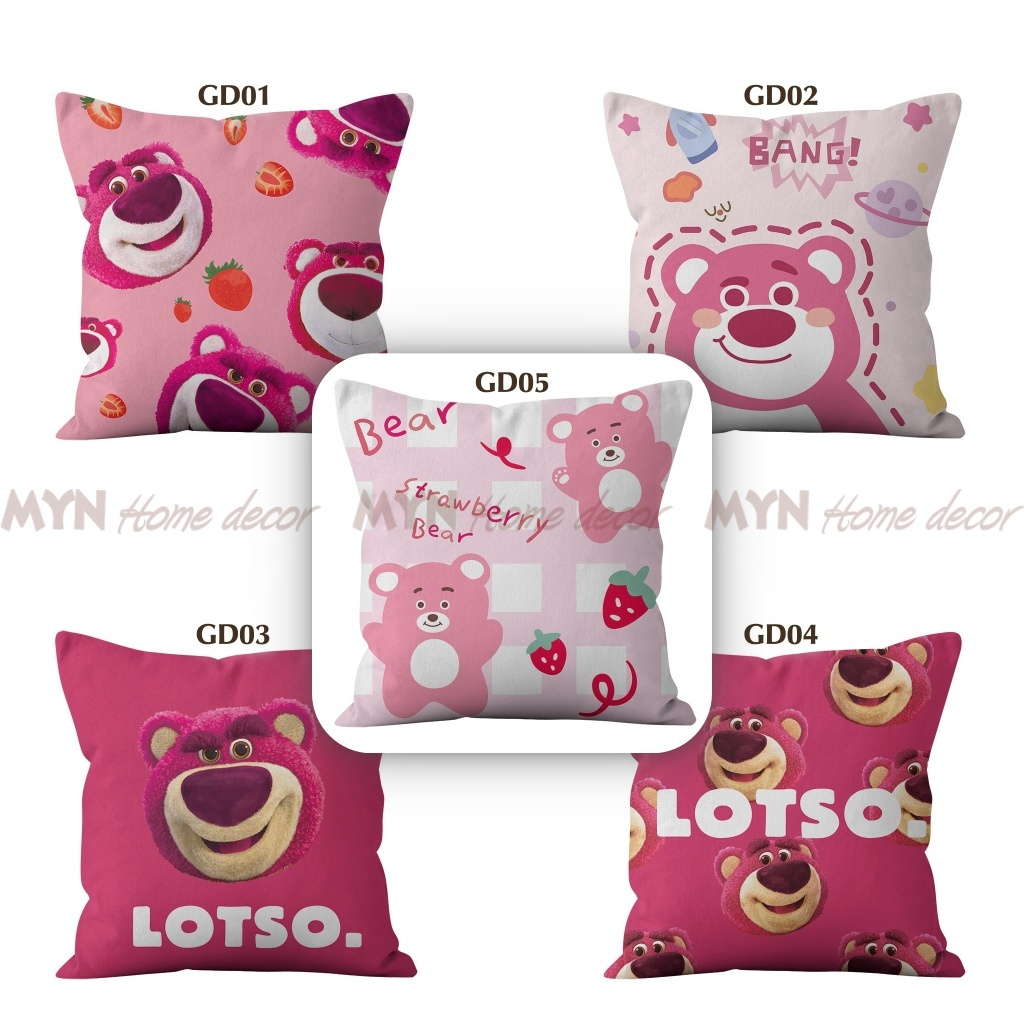 Vỏ gối tựa lưng sofa họa tiết gấu dâu Lotso dễ thương cute, vỏ gối tựa vuông 45x45cm