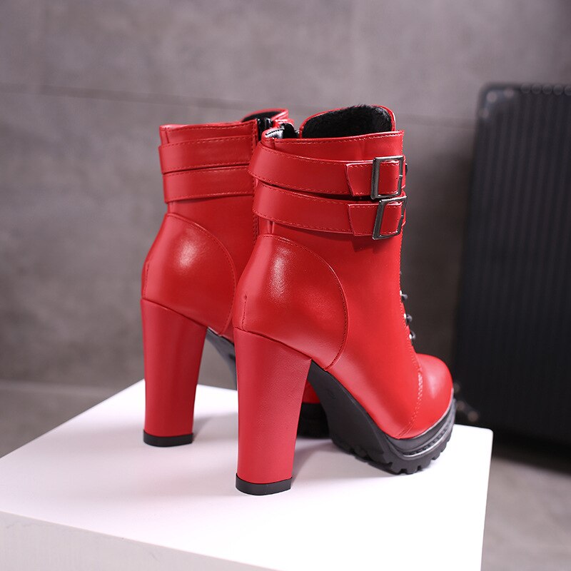 AA18-Platform High Heels Boots Women Ankle Boots with Buckle Shoes Women's High Heel Sexy Motorcycle Boots Platform Shoes for Woman