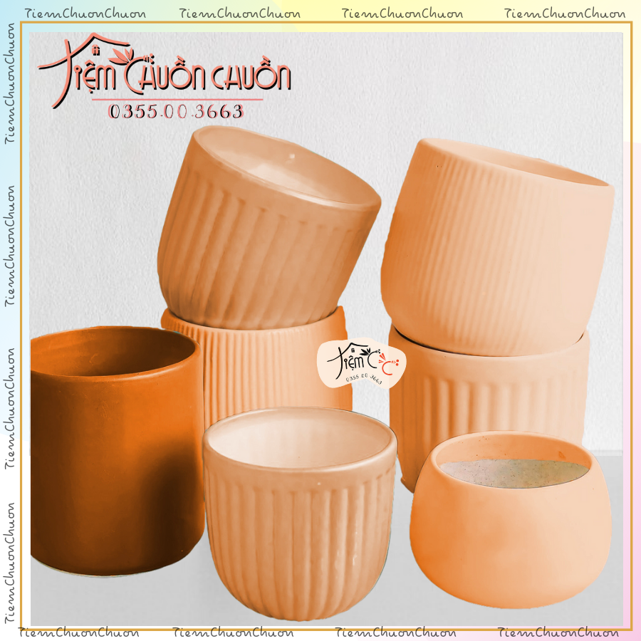 Set Chậu Men Cam Pastel - chậu trồng cây tiệm chuồn chuồn Gốm sứ Bát Tràng