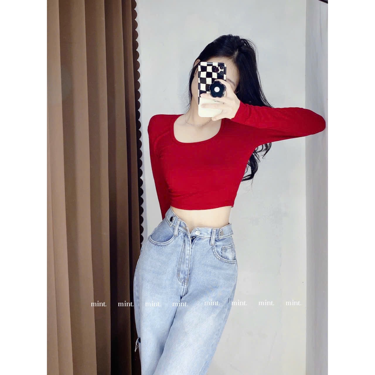 Áo thun lụa cổ vuông HTUA827 nhiều màu tay dài dáng ôm body thanh lịch