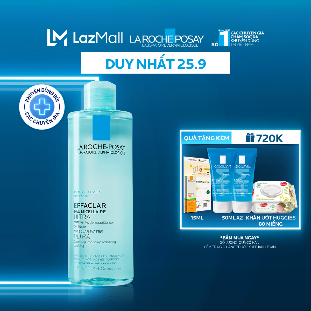 Nước làm sạch sâu và tẩy trang dành cho da mụn, da dầu nhạy cảm La Roche-Posay Effaclar Micellar Wat