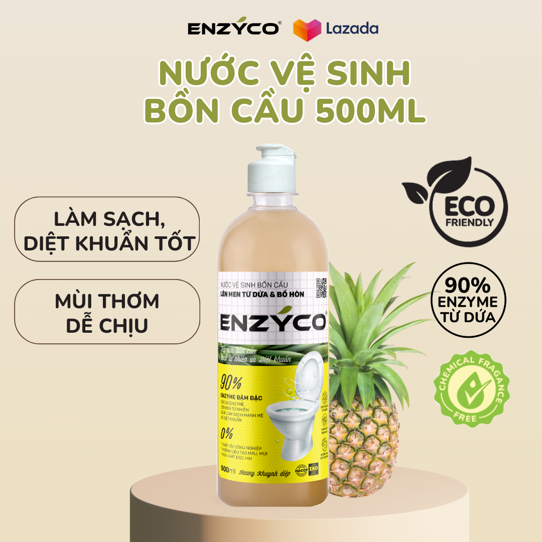 Nước vệ sinh bồn cầu sinh học ENZYCO chai 500ML - 90% Enzyme từ dứa giúp diệt khuẩn, an toàn cho da nhạy cảm, 0% chất tẩy công nghiệp, hóa chất độc hại - Hương khuynh diệp
