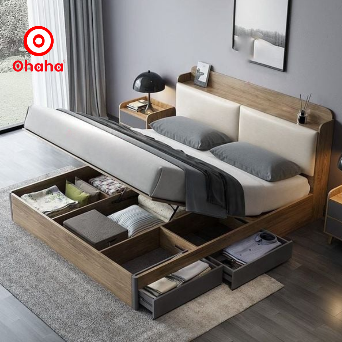 Giường ngủ gỗ cao cấp bọc nệm ohaha - gn002