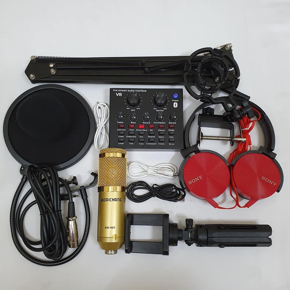 Bộ combo mic livestream hát karaoke card V8 autotune micro woaichang BM900 tai 450 chân kẹp ĐT vs micro và màng lọc âm