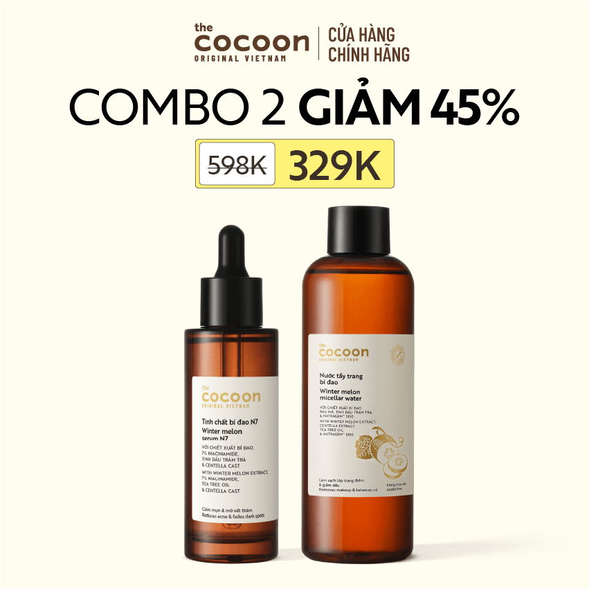 COMBO 1 Tinh chất bí đao N7 70ml + 1 Bigsize Nước tẩy trang bí đao Cocoon 500ml