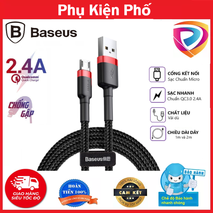 Dây cáp sạc nhanh Baseus Cafule Micro sạc nhanh 2.4A, quick charge 3.0, siêu bền, BH chính hãng 12 tháng Dài 1M-2M