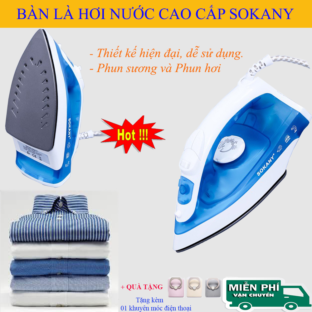 Bàn Ủi Hơi Nước Cầm Tay Sokany. Bàn Là Sokany thiết kế nhỏ gọn,sang trọng - Công suất lớn - Hoạt động với 2 chế độ Phun sương và Phun Hơi.Tặng kèm 01 Móc khóa điện thoại.