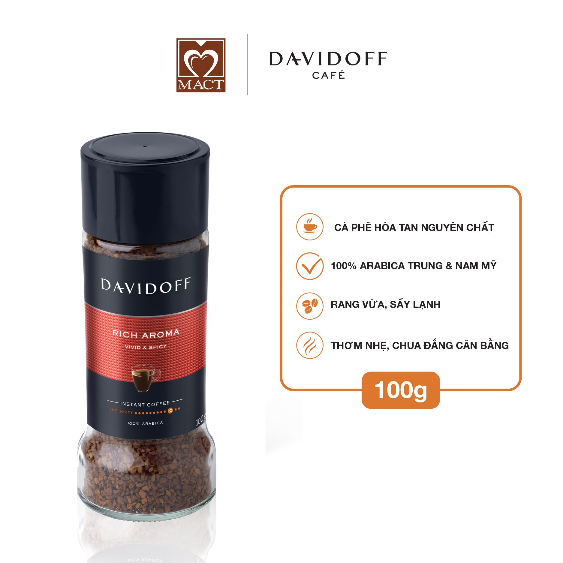 Cà phê hòa tan DAVIDOFF CAFÉ RICH AROMA - 100% hạt Arabica - thơm nhẹ, chua đắng cân bằng - lọ 100g