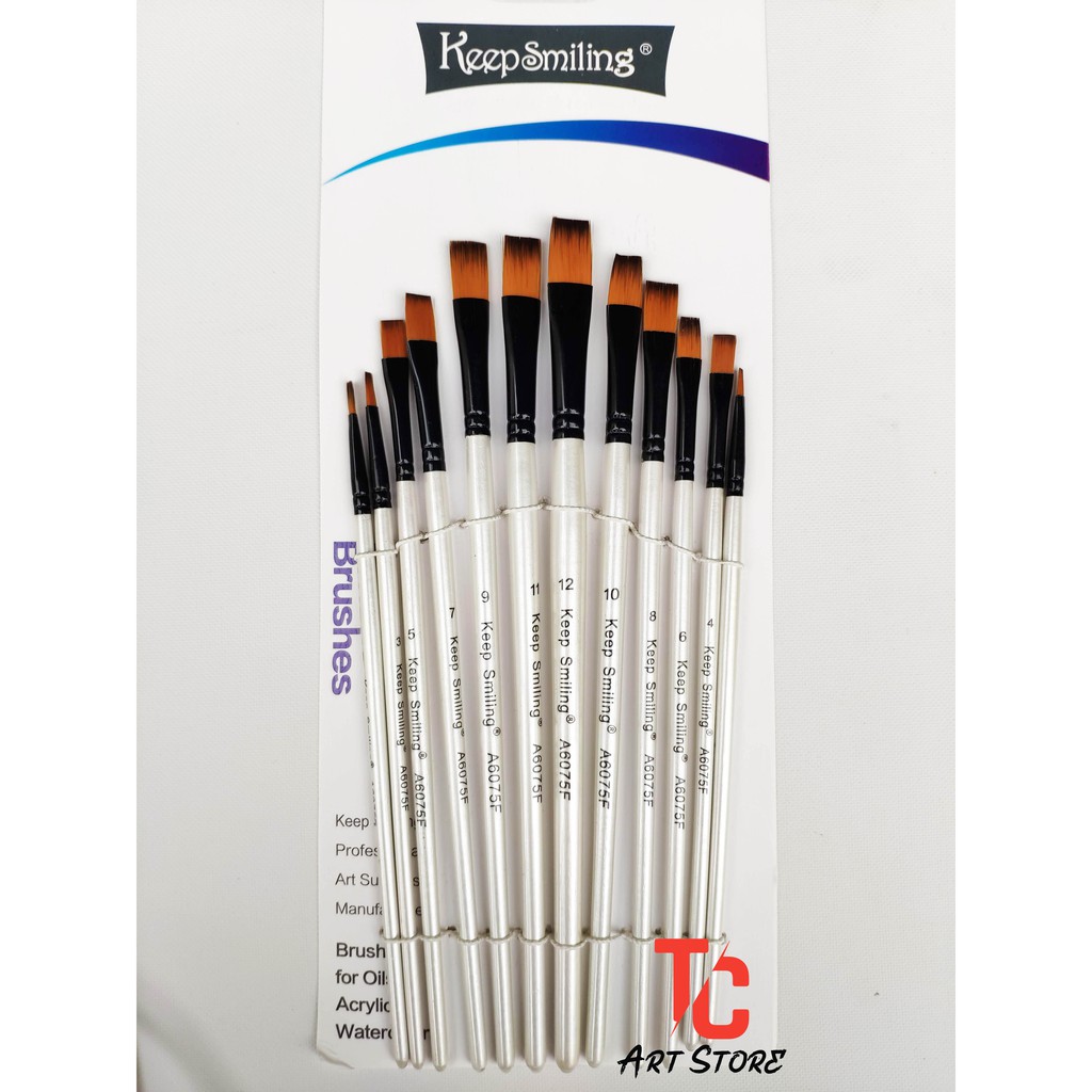 Bộ cọ đầu vuông keep smilling a6075f – 12 cây thân trắng