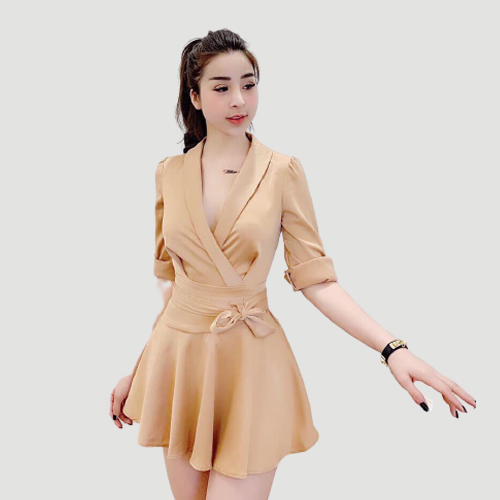 [HCM]Đầm nữ xòe thắt nơ tay dài cổ bẻ thời trang mới phù hợp đi chơi đi làm dự tiệc Đ088