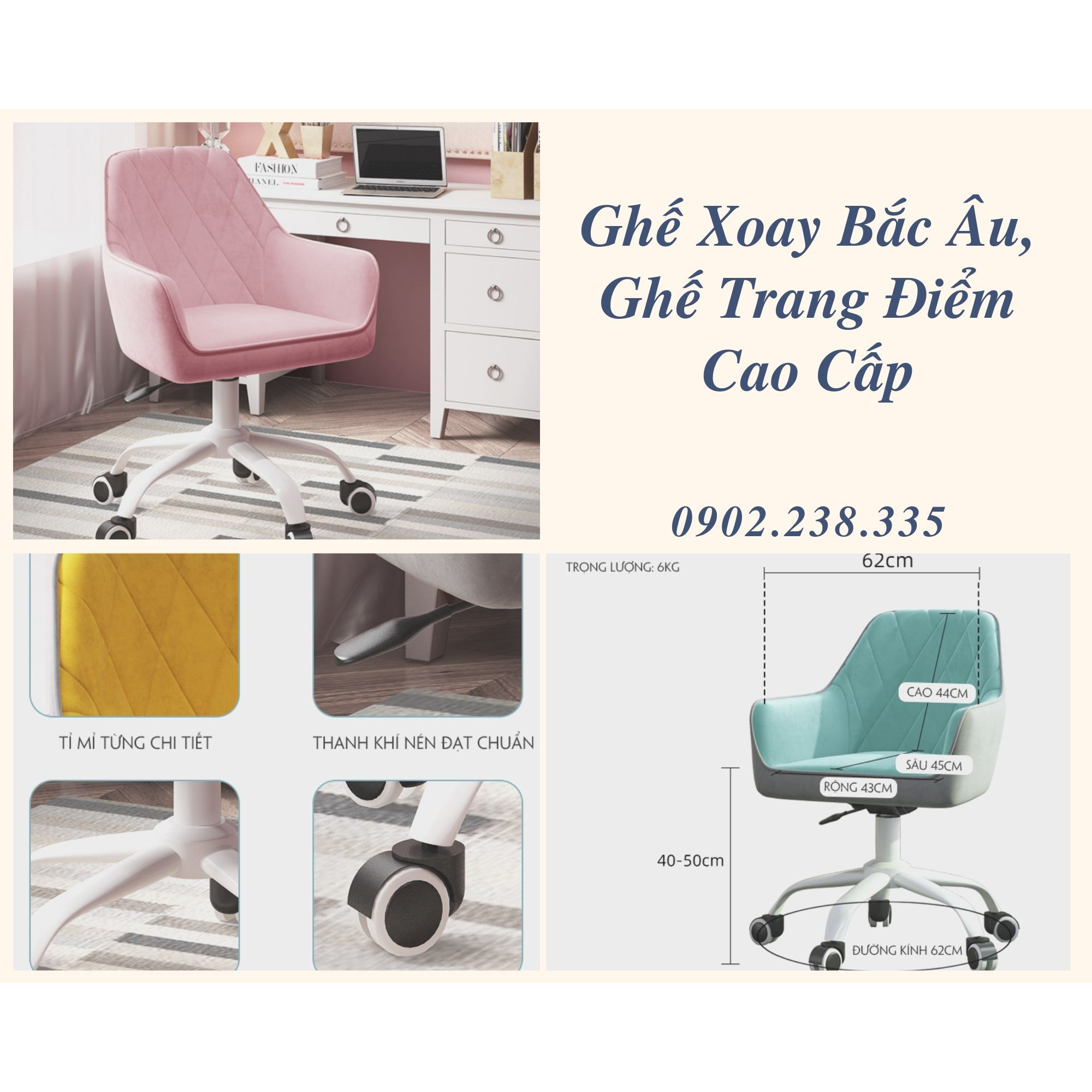 Ghế Trang Điểm - Ghế Làm Việc - Ghế Xoay Phong Cách Bắc Âu Kiểu Dáng Hiện Đại